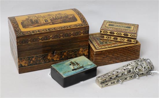 A Tunbridge Ware box with Eridge Castle cover containing two inkwells and sundry items